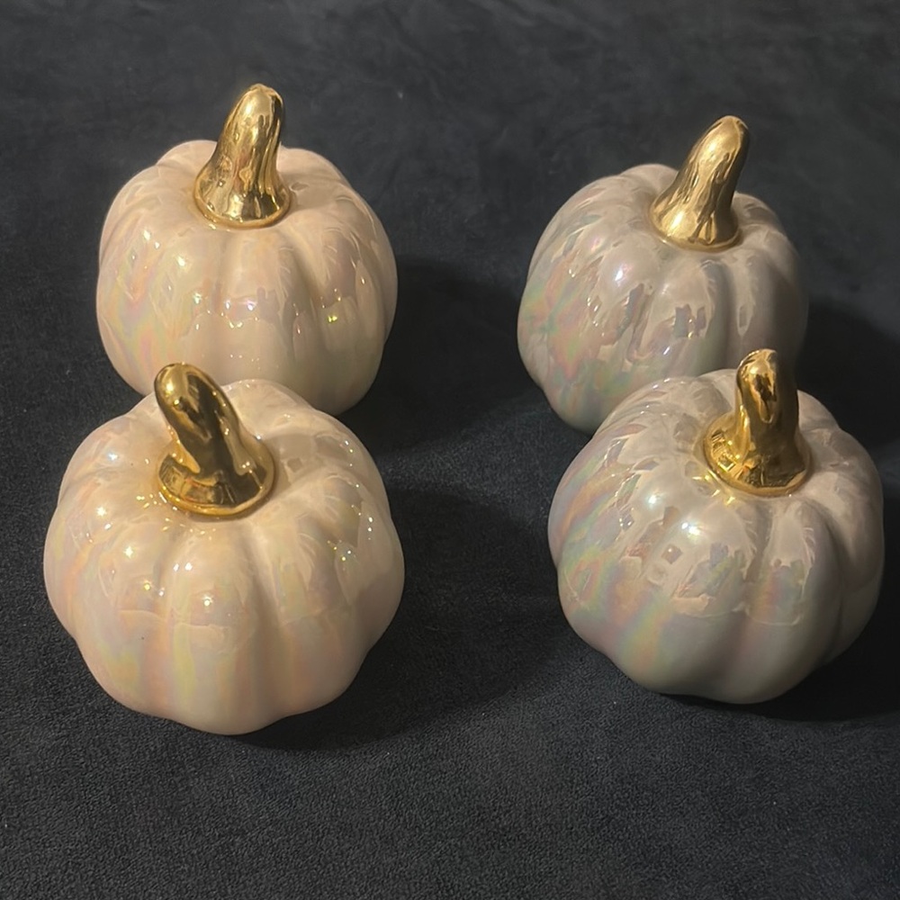 Set of Iridescent White Silver and Gold Decorative Pumpkins